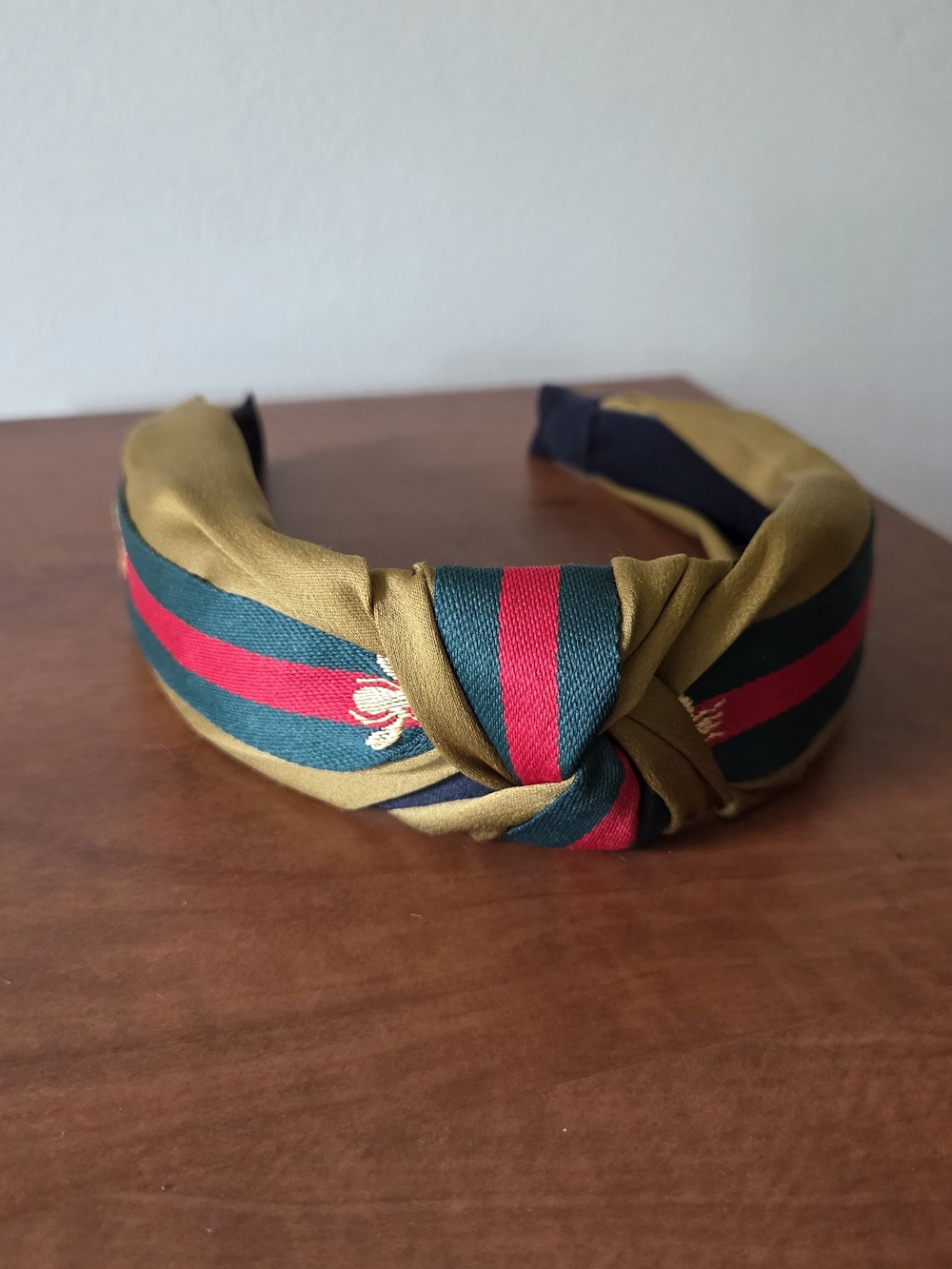 Headband Embroidered Bee Knotted Fabric Striped Green Red Gold